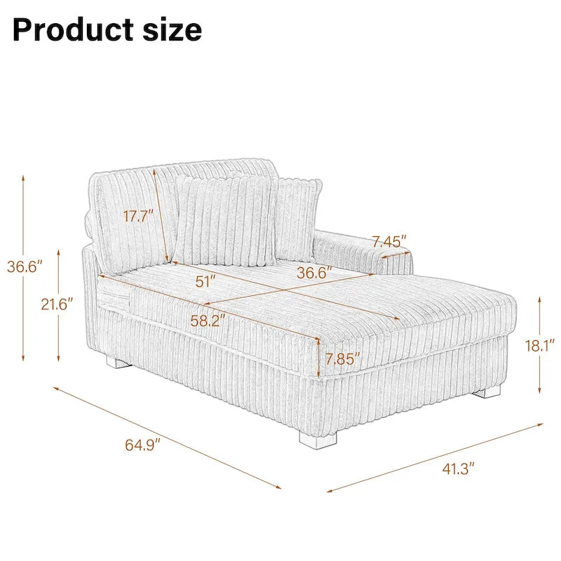 Corduroy & Chenille Velvet Chaise Lounge with Adjustable Headrest – Left or Right Facing