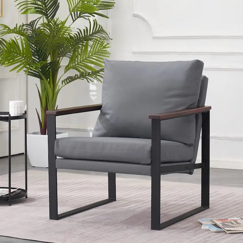Modern Faux Leather Accent Chair with Wooden Armrests
