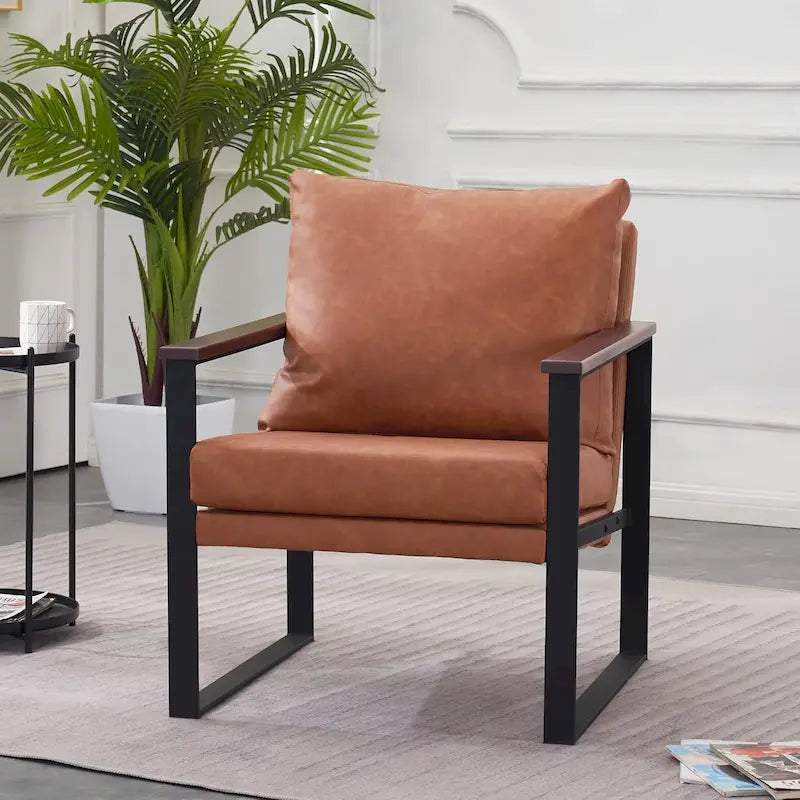 Modern Faux Leather Accent Chair with Wooden Armrests