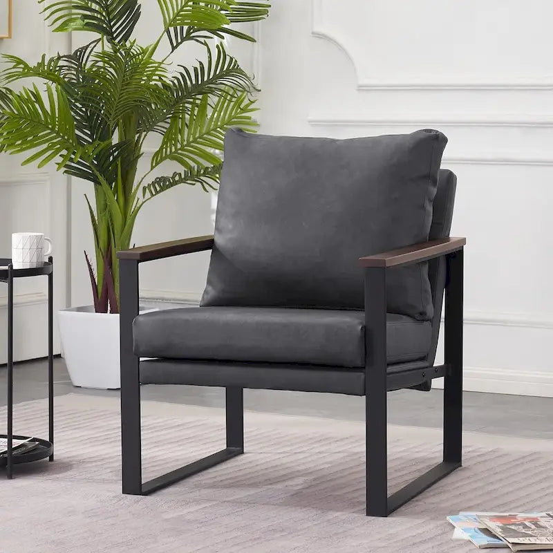 Modern Faux Leather Accent Chair with Wooden Armrests