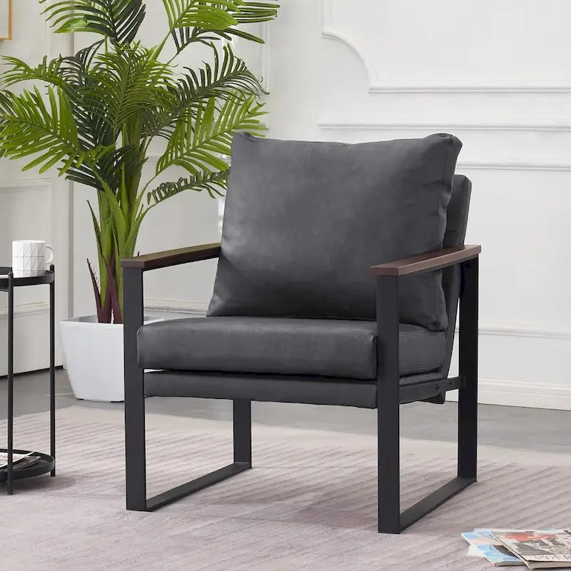 Modern Faux Leather Accent Chair with Wooden Armrests