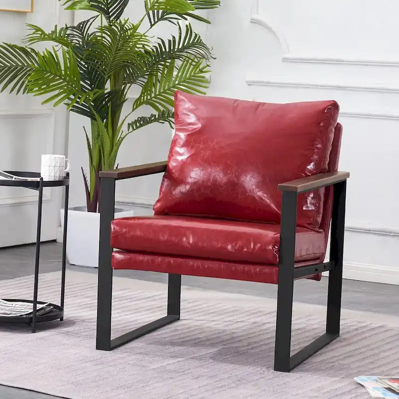 Modern Faux Leather Accent Chair with Wooden Armrests