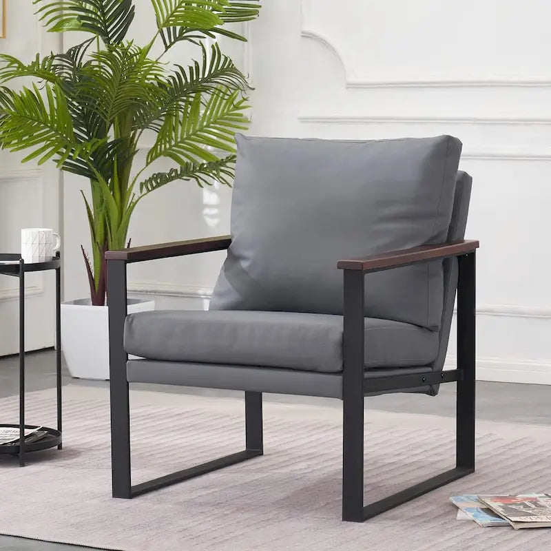 Modern Faux Leather Accent Chair with Wooden Armrests