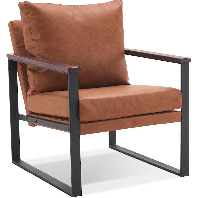 Modern Faux Leather Accent Chair with Wooden Armrests