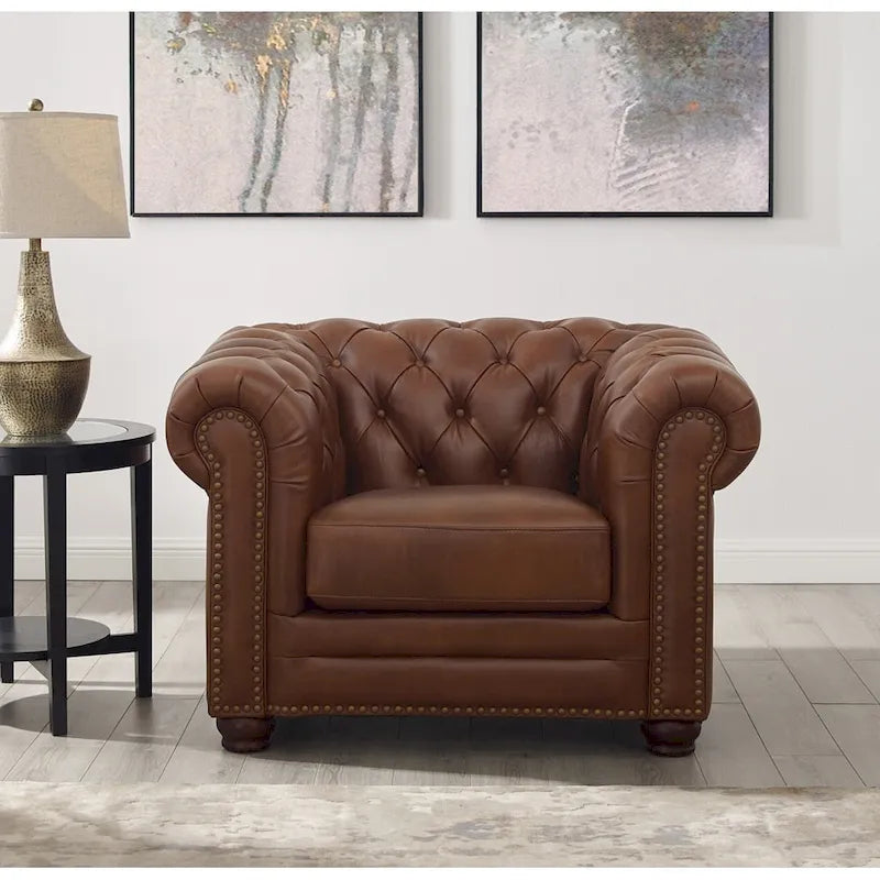 Top-Grain Leather Chesterfield Accent Chair with Down Cushion & Springs