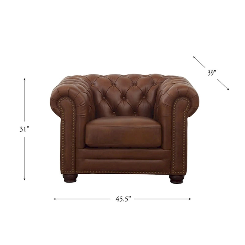 Top-Grain Leather Chesterfield Accent Chair with Down Cushion & Springs