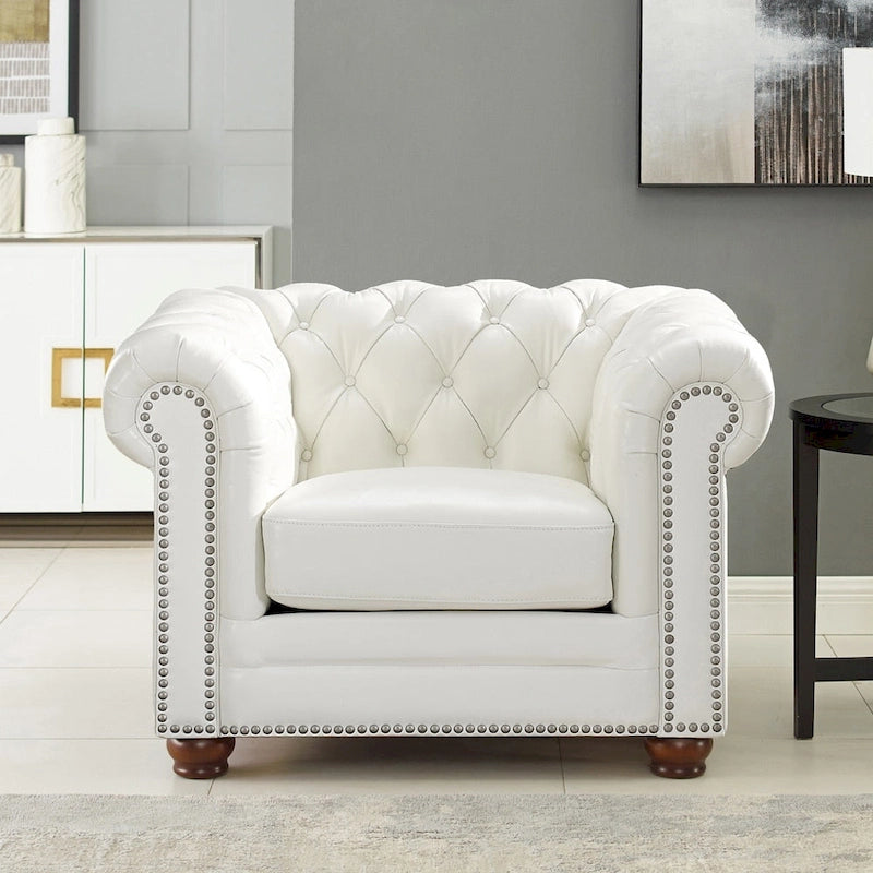 Top-Grain Leather Chesterfield Accent Chair with Down Cushion & Springs