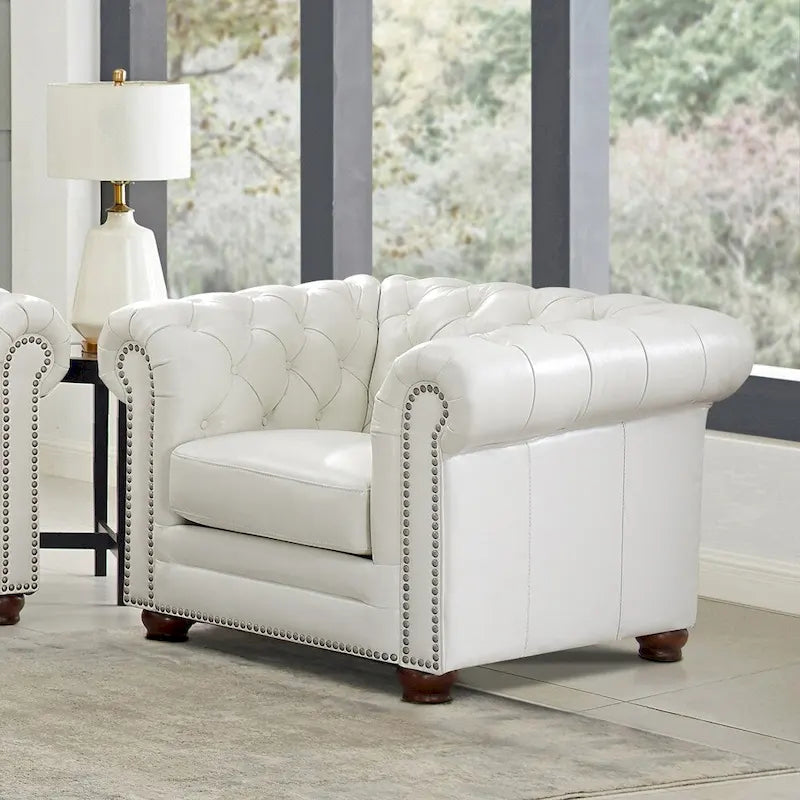Top-Grain Leather Chesterfield Accent Chair with Down Cushion & Springs