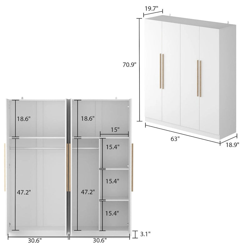 4-Door Freestanding Wardrobe Armoire with Large Storage