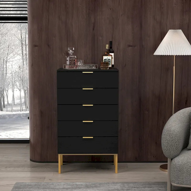 5-Drawer Modern Dresser with Gold Handles & Slim Iron Legs