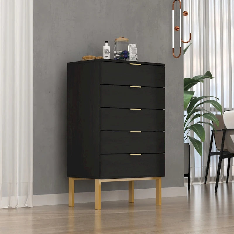 5-Drawer Modern Dresser with Gold Handles & Slim Iron Legs