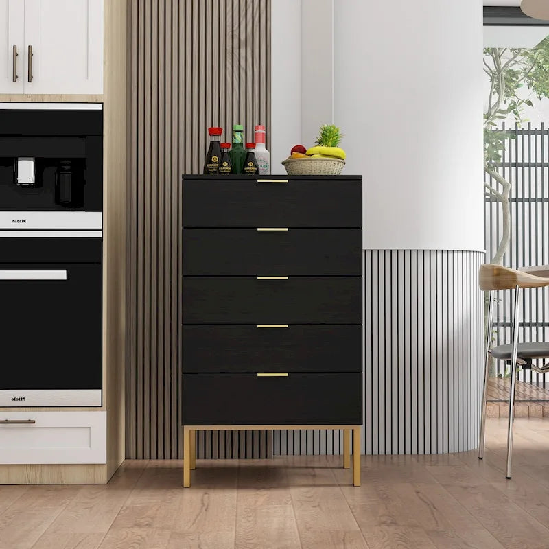 5-Drawer Modern Dresser with Gold Handles & Slim Iron Legs