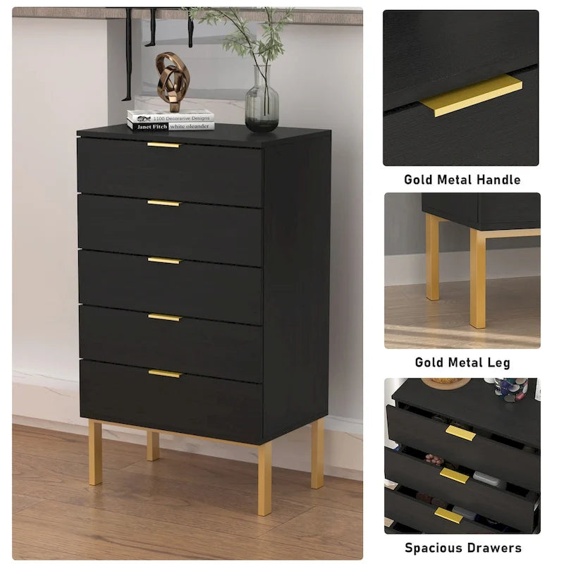 5-Drawer Modern Dresser with Gold Handles & Slim Iron Legs