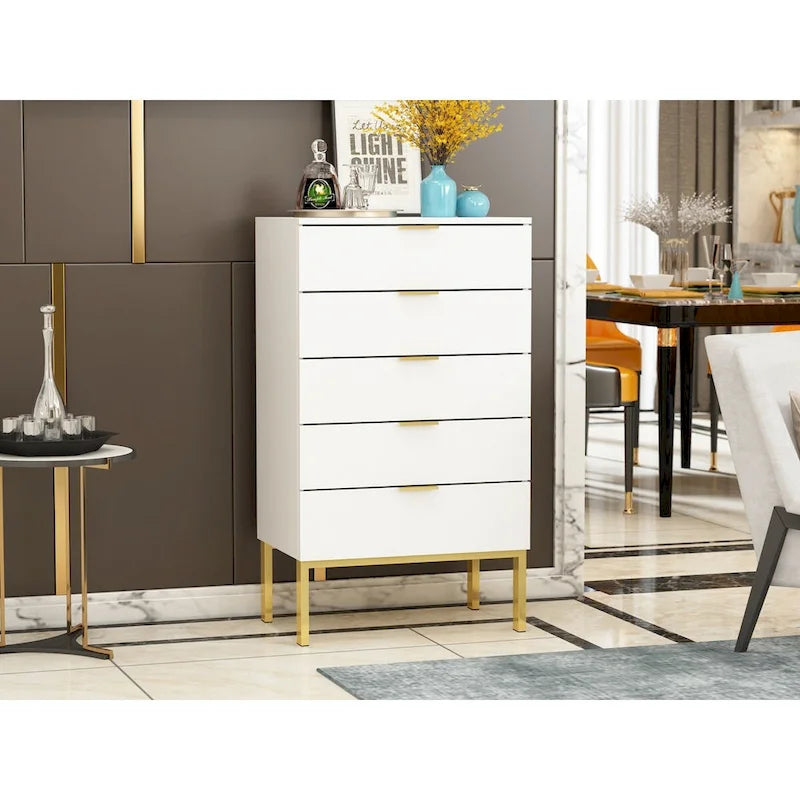 5-Drawer Modern Dresser with Gold Handles & Slim Iron Legs