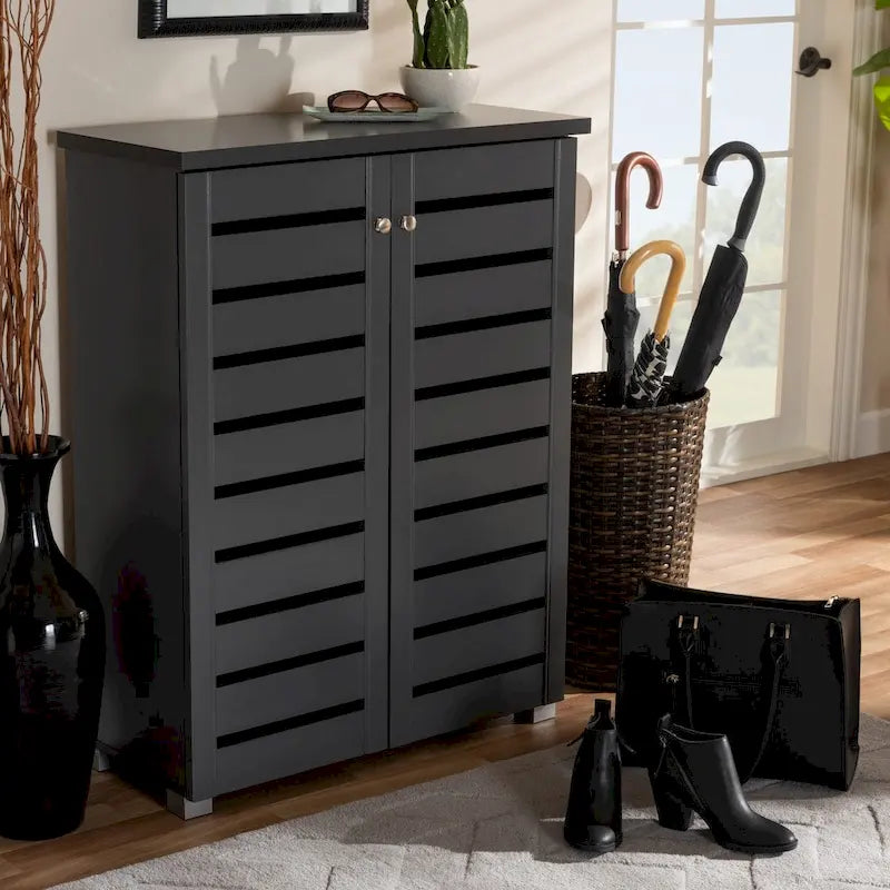 Modern Slatted Door Shoe Storage Cabinet — Holds Up to 15 Pairs