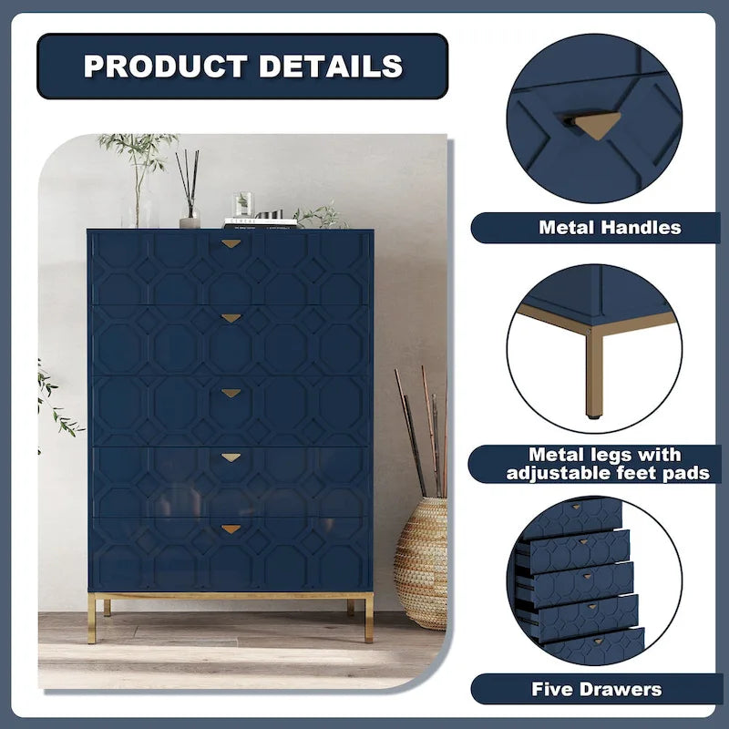 5-Drawer Modern Storage Chest with Gold Metal Legs