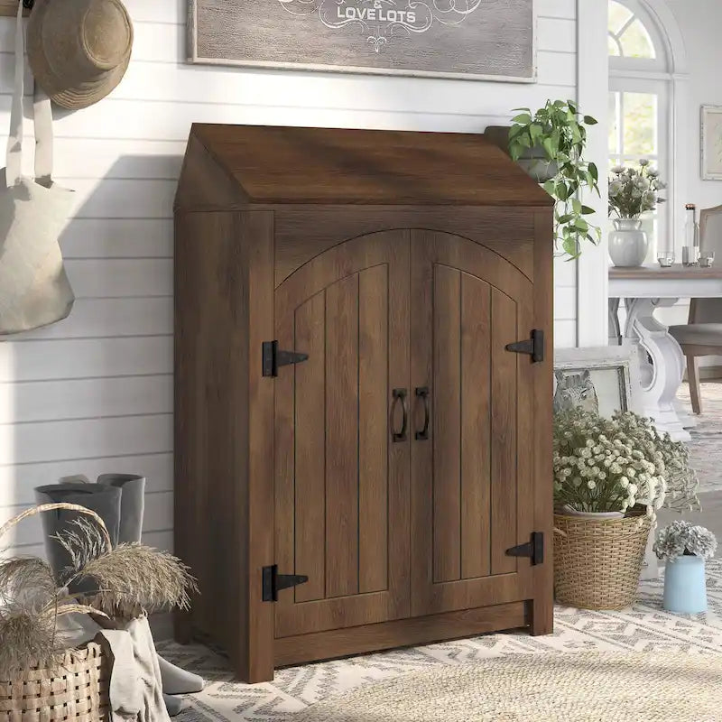 Farmhouse Double-Door Shoe Cabinet with Adjustable Shelves & Lift-Top Storage