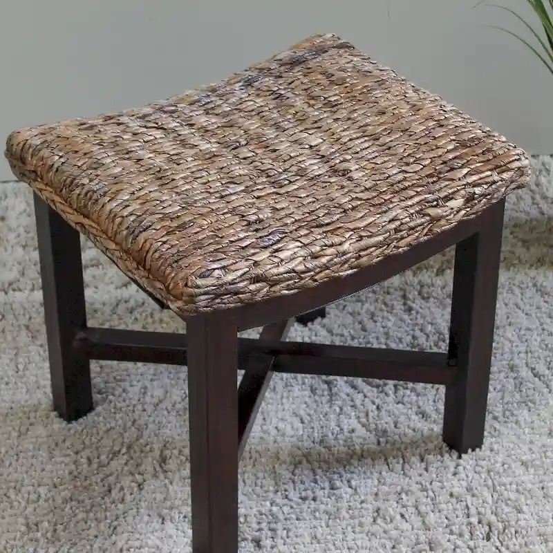 Hand-Woven Abaca Leaf Foot Stool with Mahogany Hardwood Frame – Natural Style