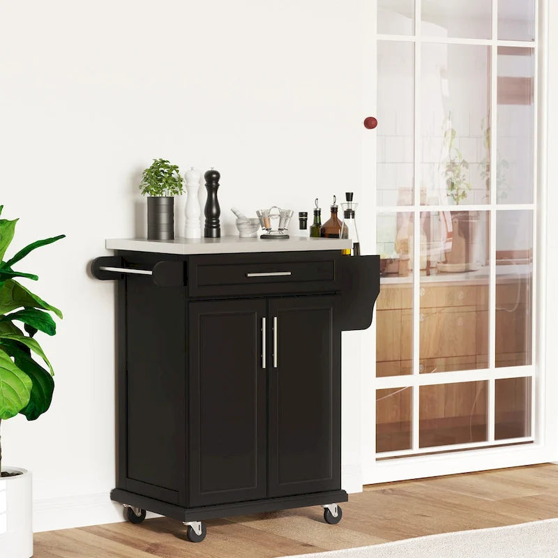 Rolling Kitchen Island Cart with Stainless Steel Top, Drawer & Spice Rack