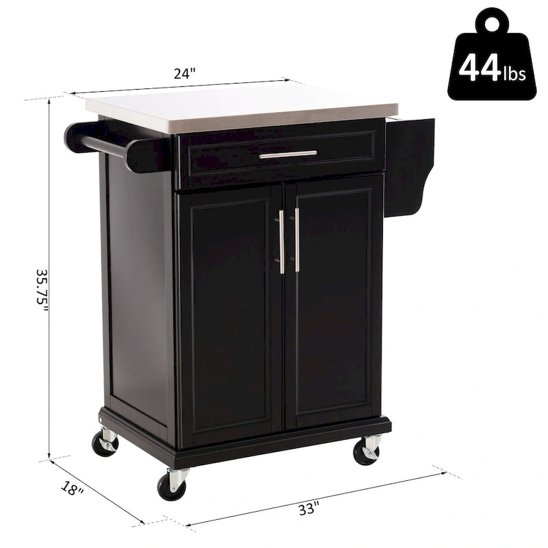 Rolling Kitchen Island Cart with Stainless Steel Top, Drawer & Spice Rack