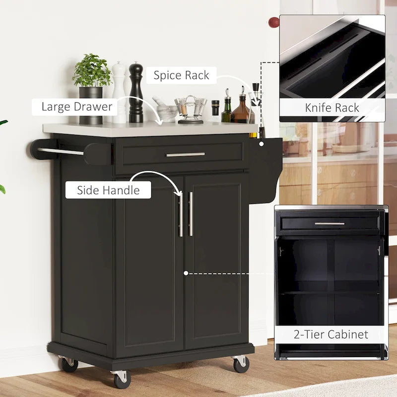 Rolling Kitchen Island Cart with Stainless Steel Top, Drawer & Spice Rack
