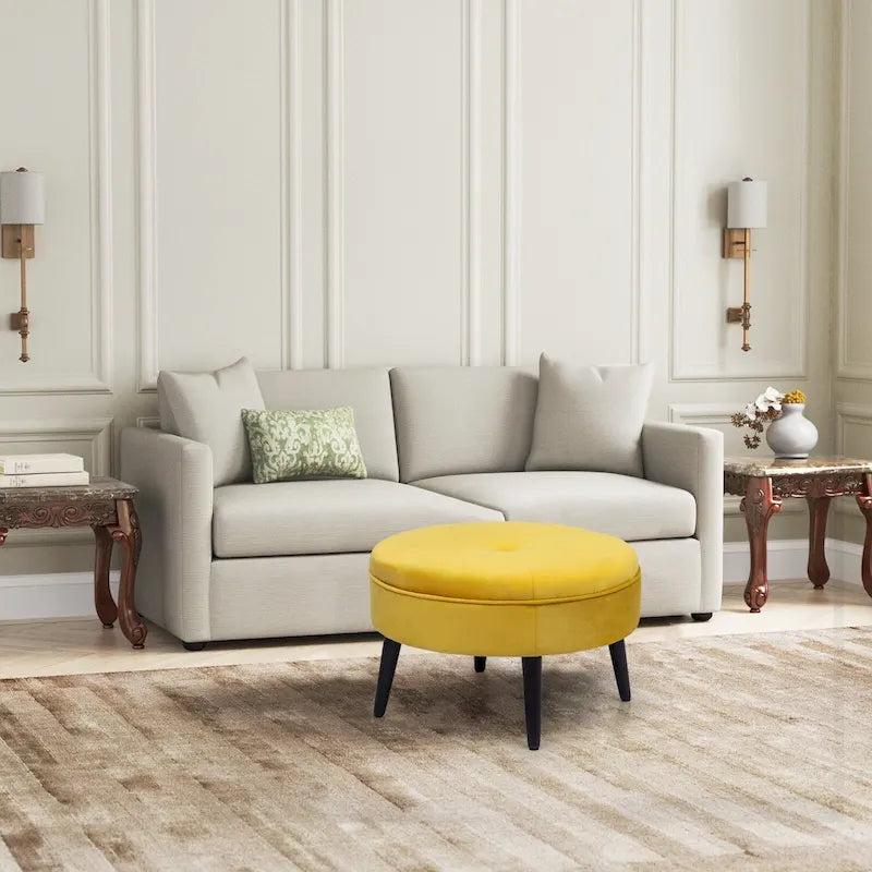 Round Button-Tufted Fabric Ottoman – Footstool & Accent Seat