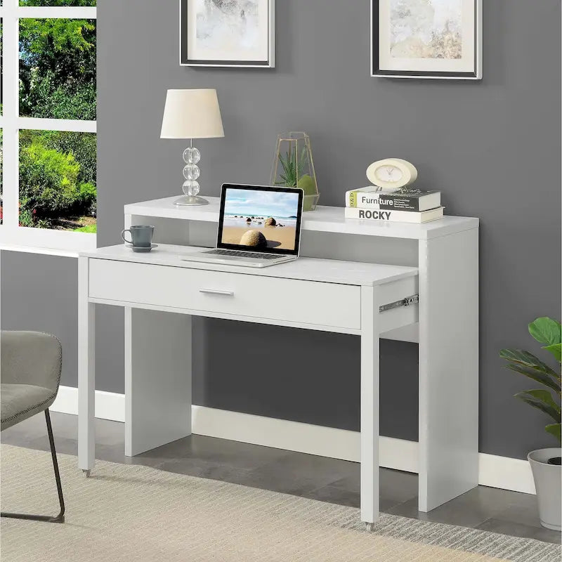 Modern Sliding Console Desk with Drawer & Monitor Riser