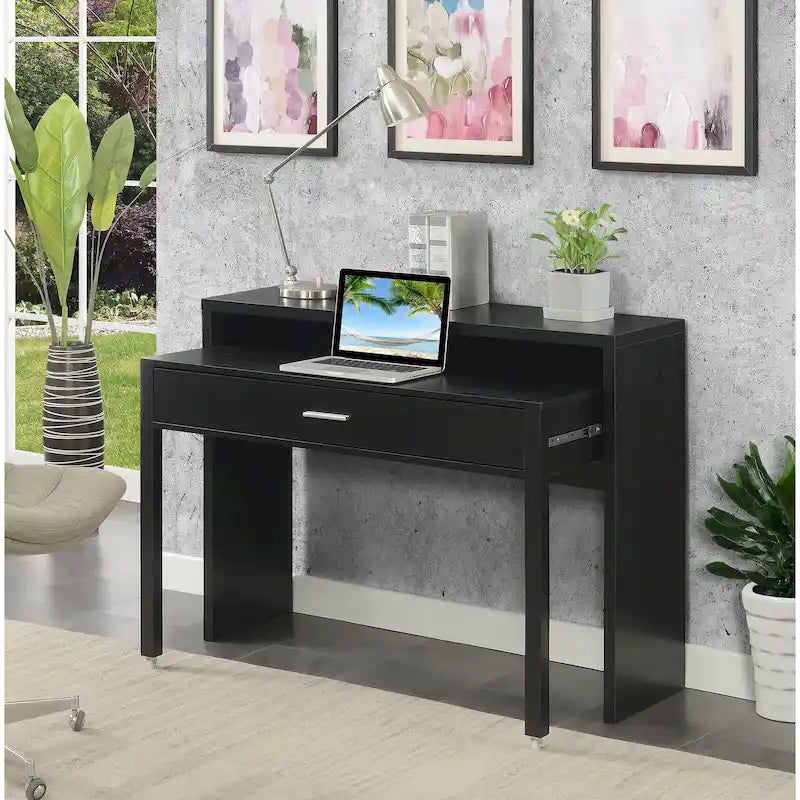 Modern Sliding Console Desk with Drawer & Monitor Riser