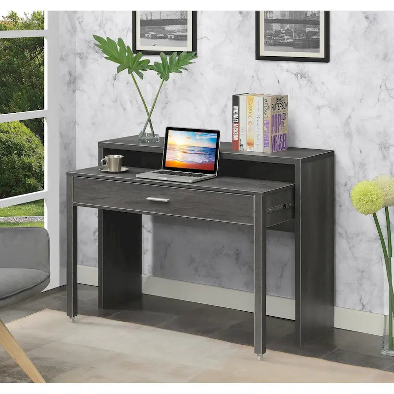 Modern Sliding Console Desk with Drawer & Monitor Riser