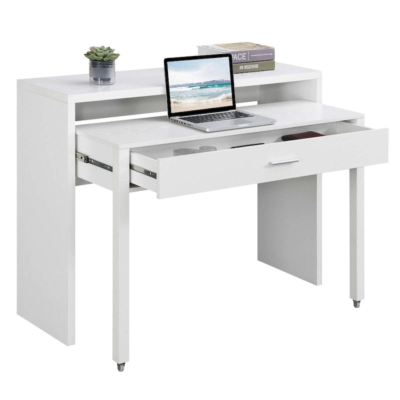 Modern Sliding Console Desk with Drawer & Monitor Riser