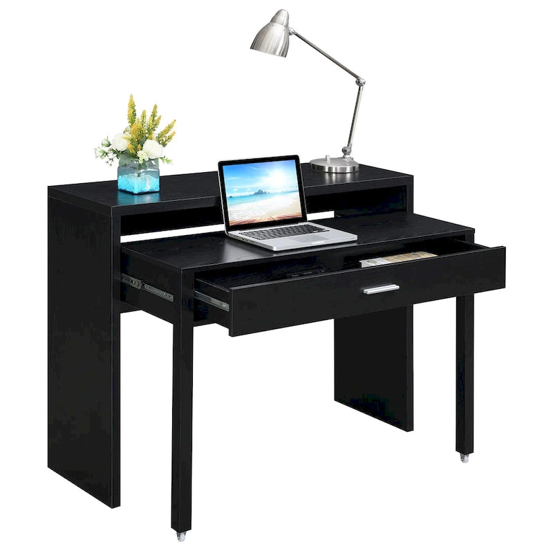 Modern Sliding Console Desk with Drawer & Monitor Riser