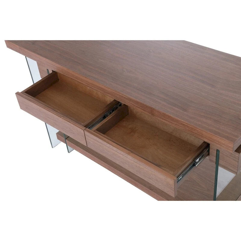 Rotatable Glass & Walnut Veneer Writing Desk