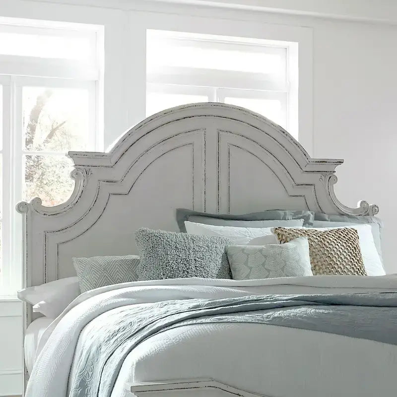 Queen Size Vintage Panel Headboard – Arched Crown with Distressed Wood Finish