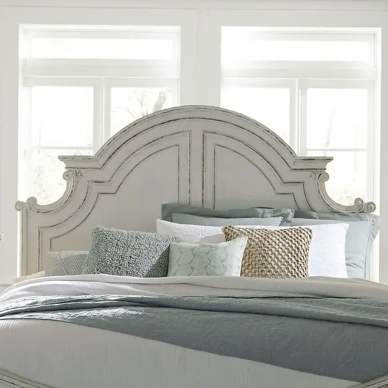 Queen Size Vintage Panel Headboard – Arched Crown with Distressed Wood Finish