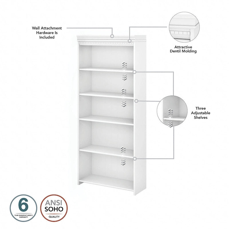 5-Shelf Bookcase with Adjustable Shelves – Antique Finish