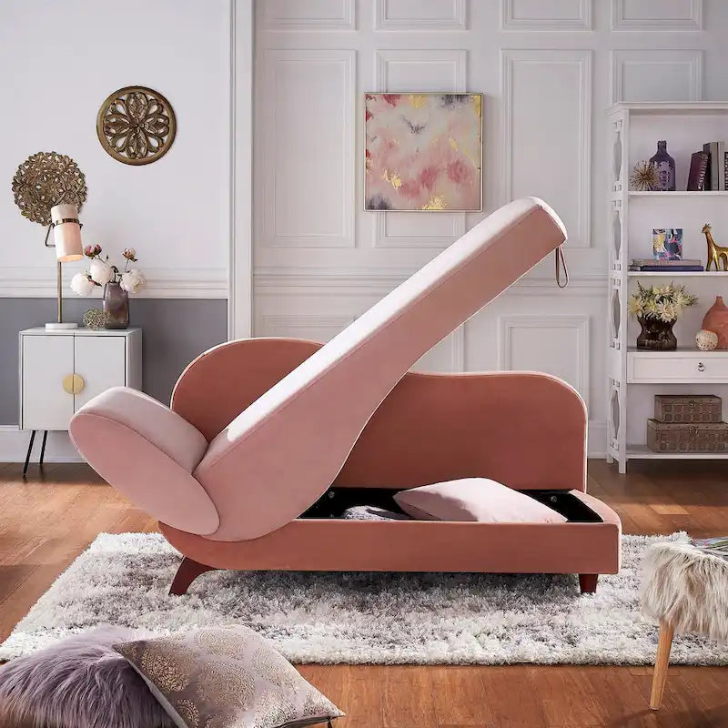 Two-Tone Velvet Storage Chaise Lounge with Adjustable Back & Accent Pillow
