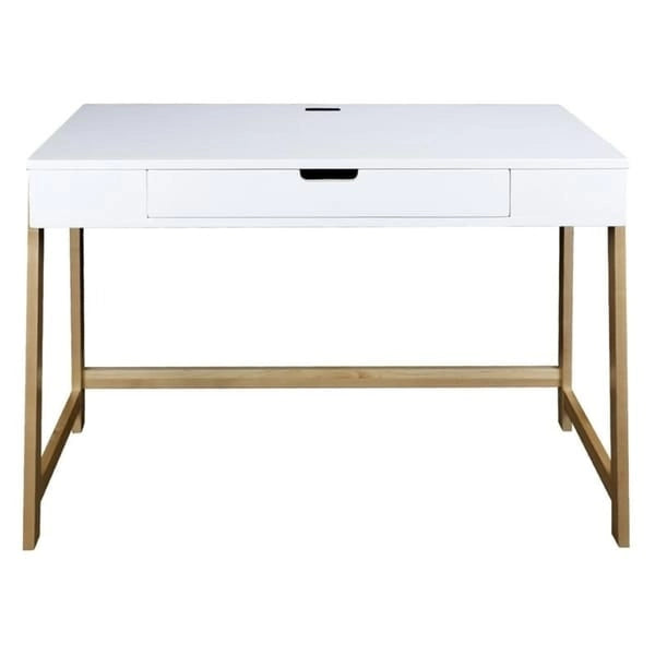 Two-Tone Writing Desk with 4 USB Charging Ports & Storage Drawer – Wood & White Finish