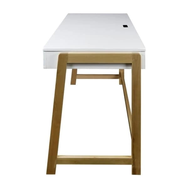 Two-Tone Writing Desk with 4 USB Charging Ports & Storage Drawer – Wood & White Finish