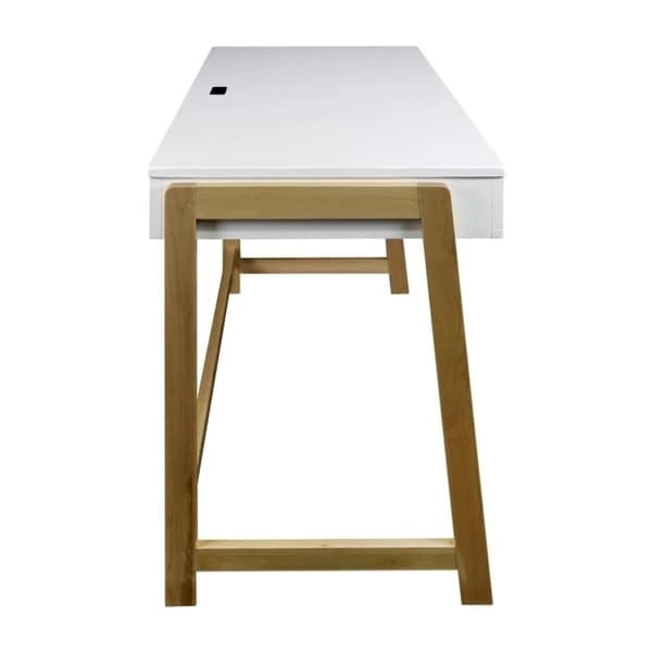Two-Tone Writing Desk with 4 USB Charging Ports & Storage Drawer – Wood & White Finish