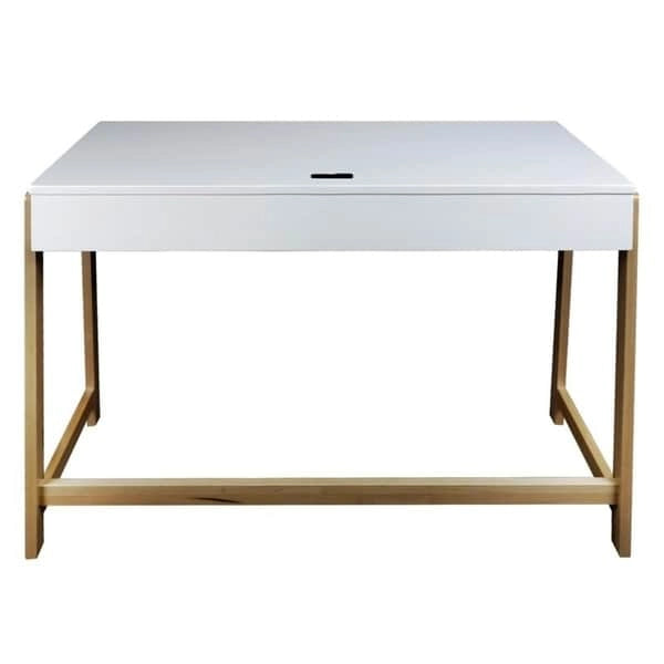 Two-Tone Writing Desk with 4 USB Charging Ports & Storage Drawer – Wood & White Finish
