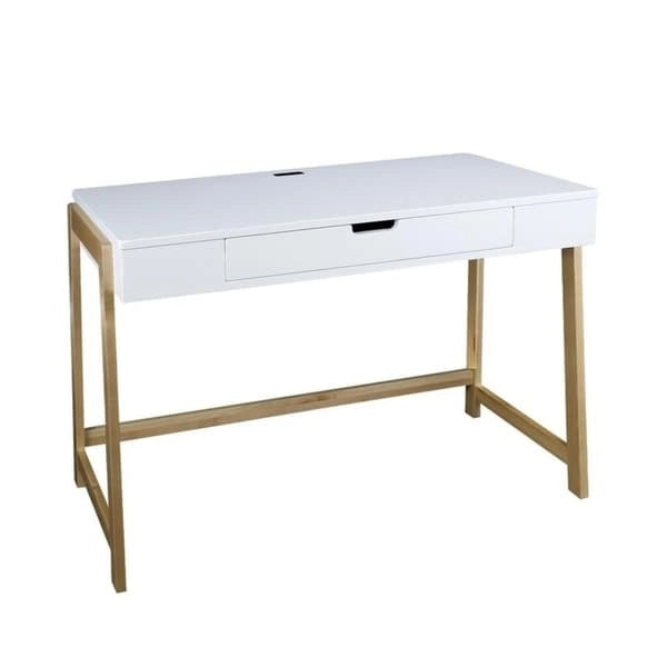 Two-Tone Writing Desk with 4 USB Charging Ports & Storage Drawer – Wood & White Finish