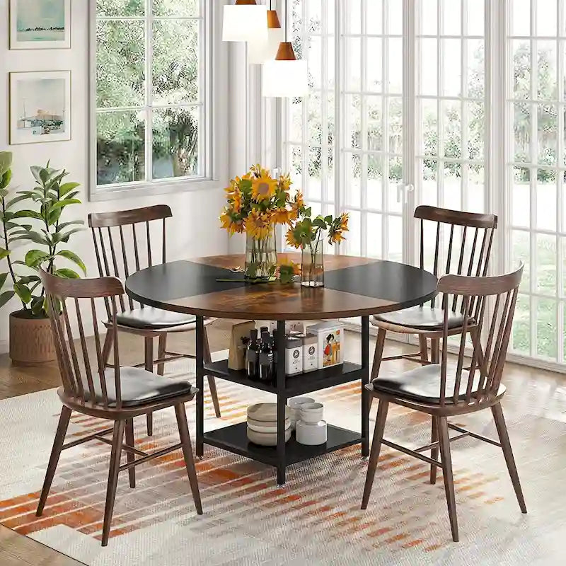 4-Seat Dining Table with Storage Shelf – Wood Top & Metal Legs