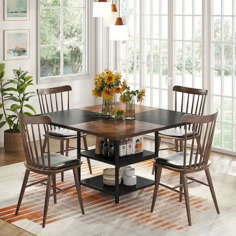 4-Seat Dining Table with Storage Shelf – Wood Top & Metal Legs