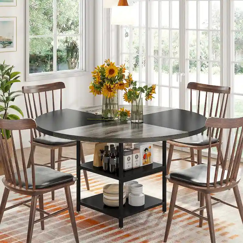 4-Seat Dining Table with Storage Shelf – Wood Top & Metal Legs
