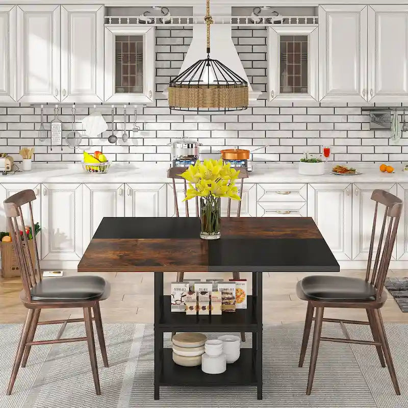 4-Seat Dining Table with Storage Shelf – Wood Top & Metal Legs
