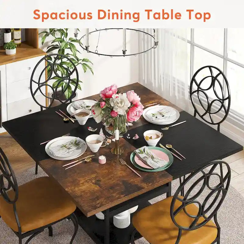 4-Seat Dining Table with Storage Shelf – Wood Top & Metal Legs