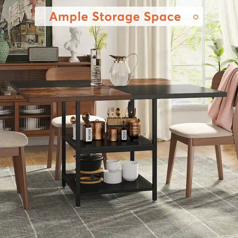 4-Seat Dining Table with Storage Shelf – Wood Top & Metal Legs