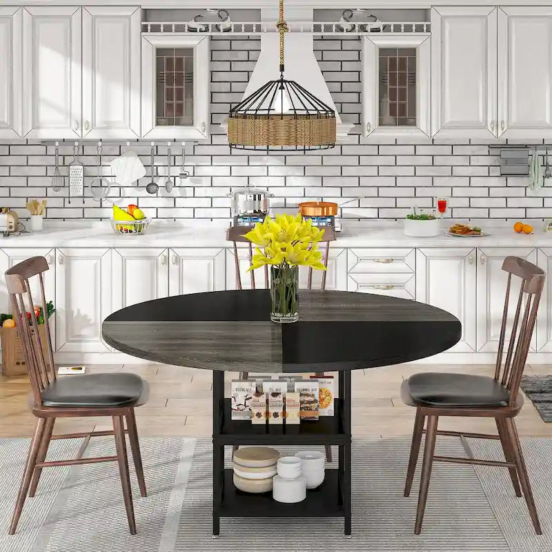 4-Seat Dining Table with Storage Shelf – Wood Top & Metal Legs