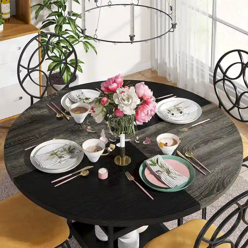4-Seat Dining Table with Storage Shelf – Wood Top & Metal Legs