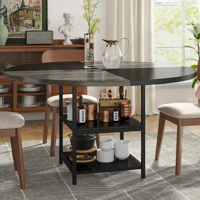 4-Seat Dining Table with Storage Shelf – Wood Top & Metal Legs